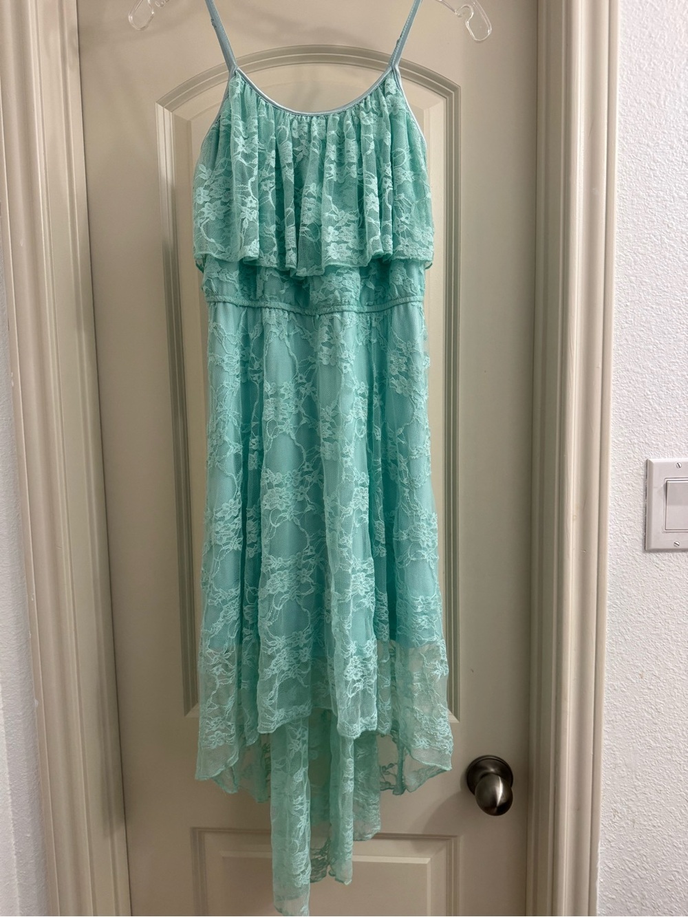 Junior’s Mint Green Lace High-Low Dress